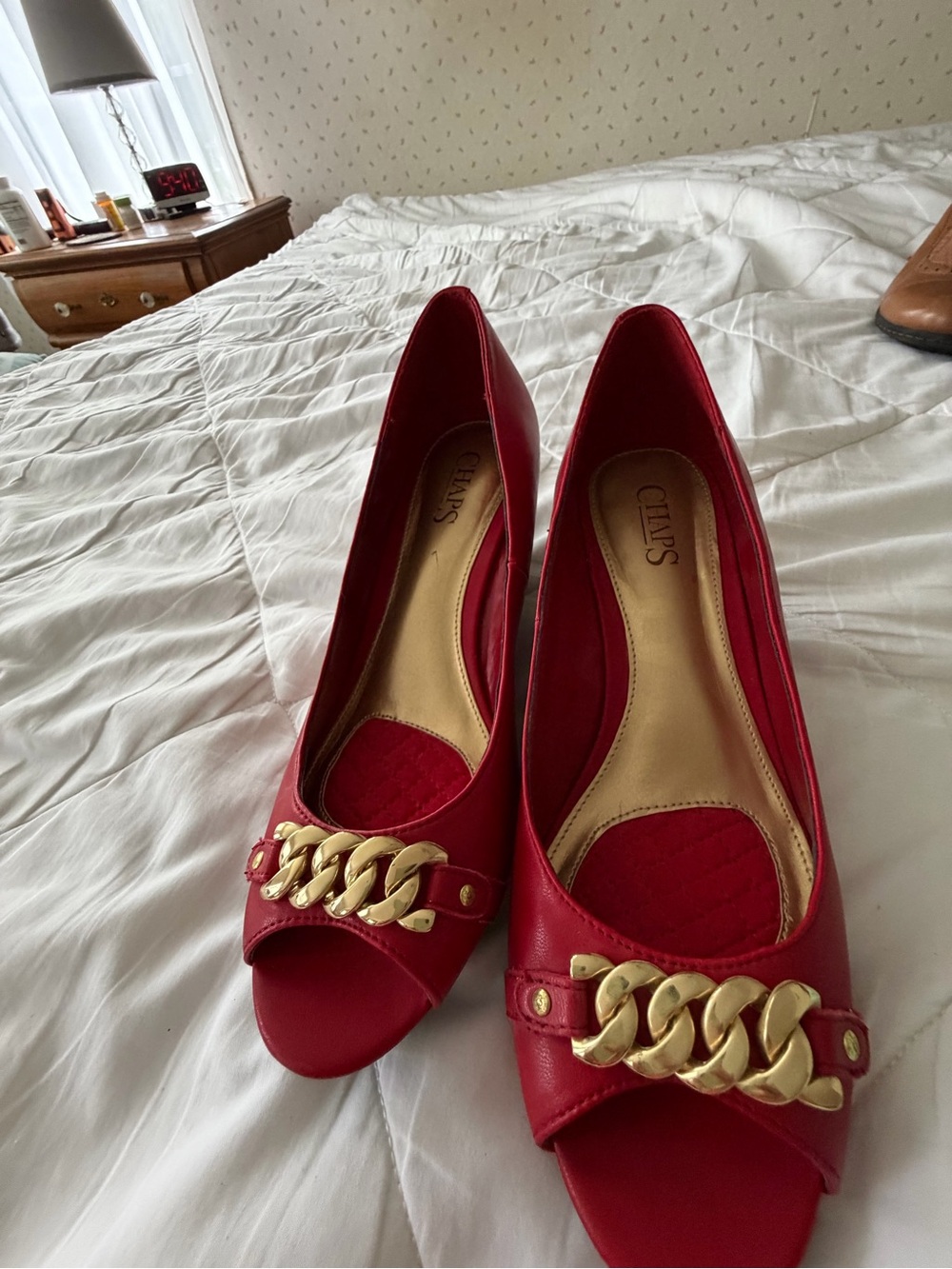 Chaps Red Peep-Toe Heels with Gold Chain Detail